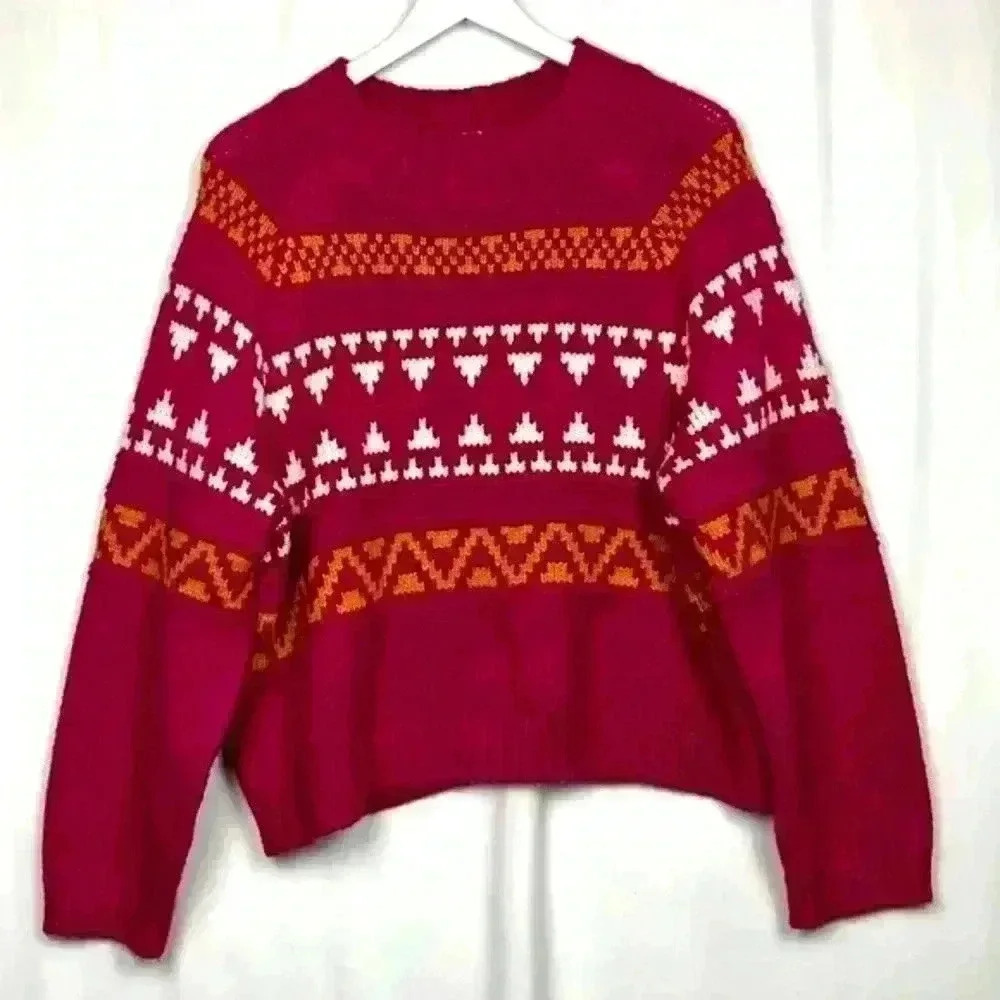 Universal Thread Womens Sweater Dark Pink Tan XL Raglan Sleeves Cropped Chunky